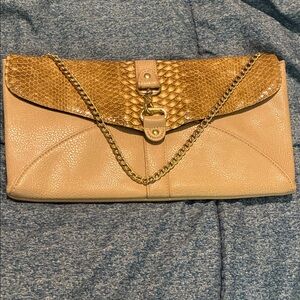 Ethel & Myrtle, Inc. Tan Faux Leather Clutch with Gold Accents and Gold Chain